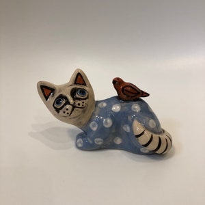 Handmade ceramic cat figurine, colorful and vibrant cat sculpture, great for decoration and gift. Sculpture of animals, pets