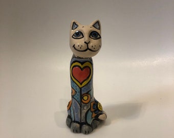 Handmade ceramic cat figurine, colorful and vibrant cat sculpture, great for decoration and gift. Sculpture of animals, pets