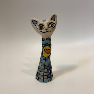 Handmade ceramic cat figurine, colorful and vibrant cat sculpture, great for decoration and gift. Sculpture of animals, pets