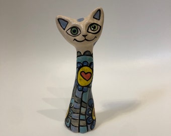 Handmade ceramic cat figurine, colorful and vibrant cat sculpture, great for decoration and gift. Sculpture of animals, pets