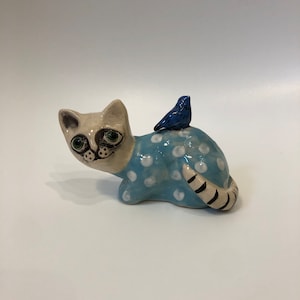 Handmade ceramic cat figurine, colorful and vibrant cat sculpture, great for decoration and gift. Sculpture of animals, pets