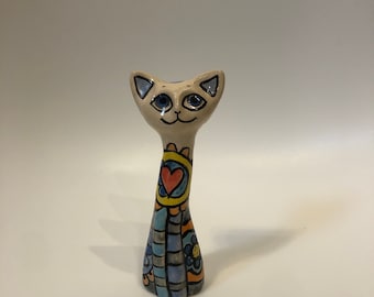 Handmade ceramic cat figurine, colorful and vibrant cat sculpture, great for decoration and gift. Sculpture of animals, pets
