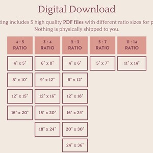 Puede incluir: Un gr&aacute;fico que muestra diferentes proporciones para descargas digitales de archivos imprimibles. El gr&aacute;fico incluye cinco columnas, cada una etiquetada con una proporci&oacute;n diferente: 4:5, 3:4, 2:3, 5:7 y 11:14. Cada columna enumera varios tama&ntilde;os de impresi&oacute;n diferentes en pulgadas, como 4" x 5", 8" x 10", 12" x 15", 16" x 20", 18" x 24" y 24" x 36".