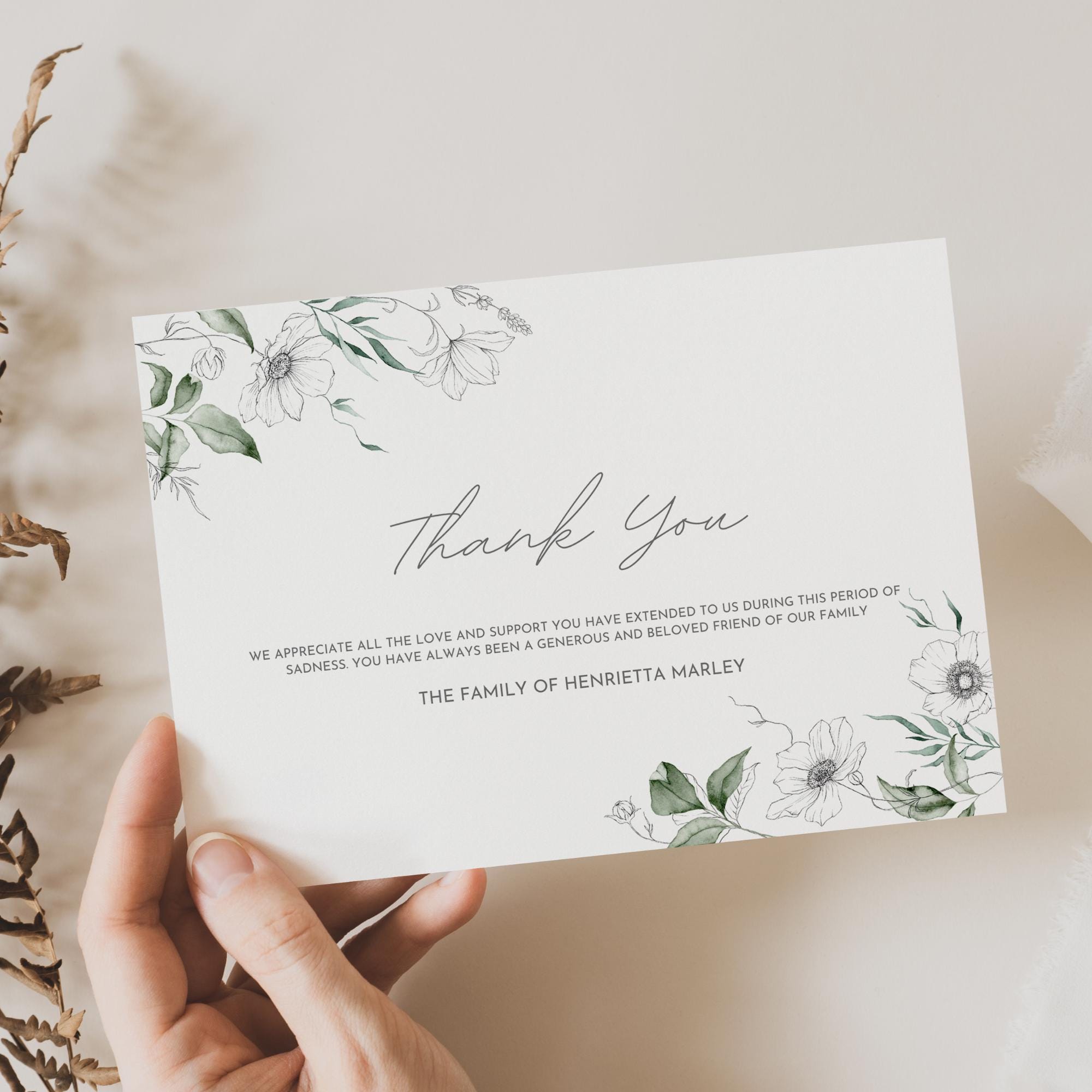 Elegant Funeral Thank You Card, Editable Memorial Gratitude Card ...