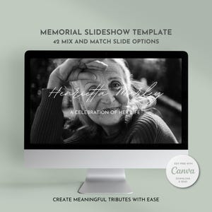 May include: A black and white photo of a woman on a computer screen. The text "Henrietta Marley" is written in white cursive script above the photo. The text "A celebration of her life" is written in white below the photo. The text "Create meaningful tributes with ease" is written in white at the bottom of the screen. The text "Edit free with Canva" is written in white on a white circle with a gray border. The text "Download & Send" is written in white below the circle.