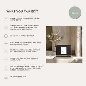 Op de afbeelding: Een witte laptop met een ontwerptemplate geopend op het scherm. Het ontwerp bevat een bloemige illustratie en de tekst "What You Can Edit". De laptop staat op een tafel met een droogbloemenarrangement in een vaas.