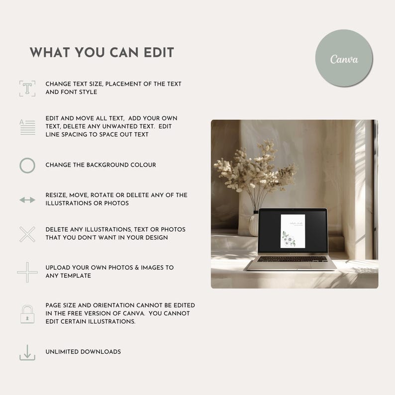 Op de afbeelding: Een witte laptop met een ontwerptemplate geopend op het scherm. Het ontwerp bevat een bloemige illustratie en de tekst "What You Can Edit". De laptop staat op een tafel met een droogbloemenarrangement in een vaas.
