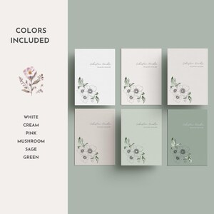 Op de afbeelding: Zes printbare kaarten met een bloemenontwerp. De kaarten zijn in wit, cr&egrave;me, saliegroen en lichtgroen. Het bloemenontwerp is in zwart en wit. De tekst op de kaarten luidt "Invitation Bundle".