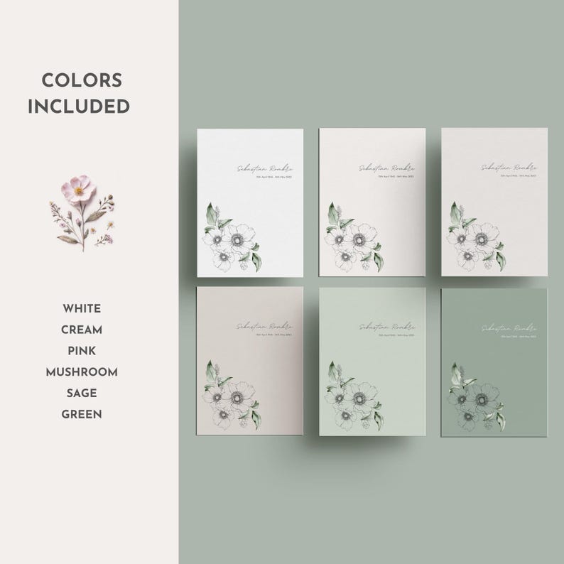 Op de afbeelding: Zes printbare kaarten met een bloemenontwerp. De kaarten zijn in wit, cr&egrave;me, saliegroen en lichtgroen. Het bloemenontwerp is in zwart en wit. De tekst op de kaarten luidt "Invitation Bundle".