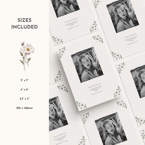 Op de afbeelding: Een set met printbare huwelijksuitnodigingstemplates met een bloemenontwerp en een zwart-witfoto van een stel. De tekst op de uitnodiging luidt "Donderdag 1 juni 2024. We zouden het geweldig vinden als je met ons mee zou vieren op onze bruiloft. Receptie volgt."