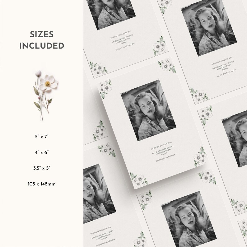 Op de afbeelding: Een set met printbare huwelijksuitnodigingstemplates met een bloemenontwerp en een zwart-witfoto van een stel. De tekst op de uitnodiging luidt "Donderdag 1 juni 2024. We zouden het geweldig vinden als je met ons mee zou vieren op onze bruiloft. Receptie volgt."