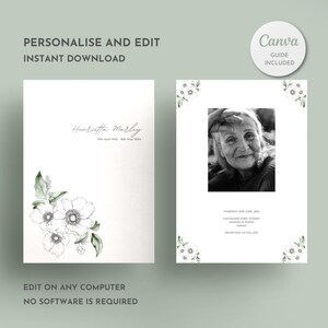 Op de afbeelding: Een afdrukbare rouwkaart sjabloon met een zwart-witte bloemenillustratie en een foto van een vrouw. De tekst luidt "Henrietta Marley 15 april 1942 - 10 mei 2004" en "Donderdag 2 juni 2024 Macquarie Park Sydney Magnolia Room Receptie volgt".