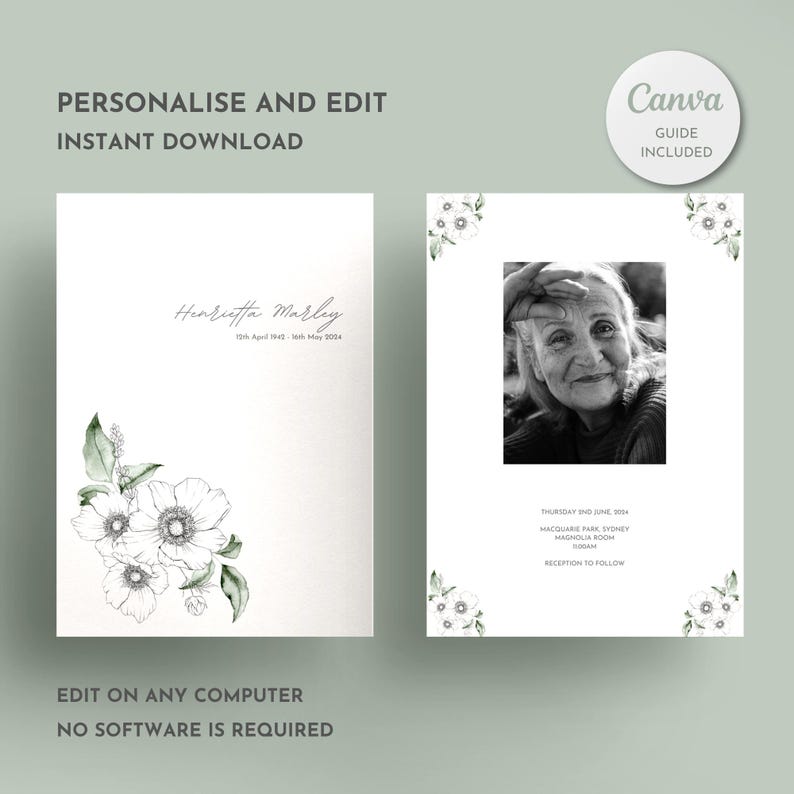 Op de afbeelding: Een afdrukbare rouwkaart sjabloon met een zwart-witte bloemenillustratie en een foto van een vrouw. De tekst luidt "Henrietta Marley 15 april 1942 - 10 mei 2004" en "Donderdag 2 juni 2024 Macquarie Park Sydney Magnolia Room Receptie volgt".