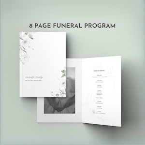 Modèle de nécrologie, programme de funérailles pour homme ou femme, élégant modèle imprimable sur toile en deux volets, modèle floral pour mémoire d'amour