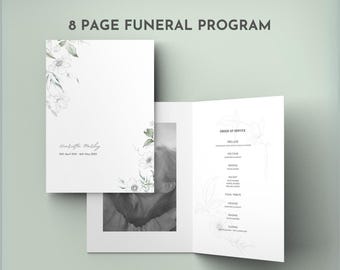 Szablon nekrologu, program pogrzebowy, edytowalny Canva, elegancki, składany na pół, broszura „W kochającej pamięci”, do pobrania w wersji drukowanej