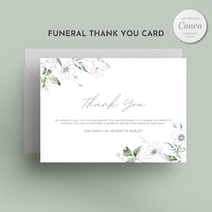 Modelo digital de nota de agradecimento para funeral elegante, cartão de agradecimento memorial editável, cartão de agradecimento de simpatia para impressão