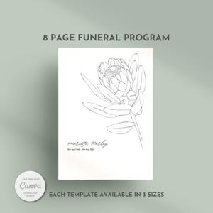 Modèle de nécrologie de programme de funérailles pour homme ou femme, élégant modèle d'enterrement imprimable en deux volets, modèle de fleur de protéa en souvenir d'amour