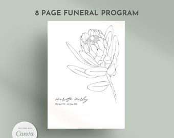 Szablon programu pogrzebowego do druku, dwuczęściowy porządek nabożeństwa Protea Floral, edytowalna broszura Canva Memorial Nekrolog, natychmiastowe pobranie