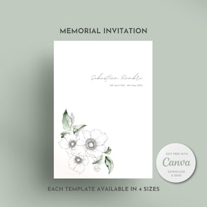 Op de afbeelding: Een wit sjabloon voor een herdenkingsuitnodiging met een zwarte en groene bloemenillustratie. De tekst luidt "MEMORIAL INVITATION", "Sebastian Rombre", "12th April 1942 - 16th May 2024", "EACH TEMPLATE AVAILABLE IN 4 SIZES", "EDIT FREE WITH Canva", "DOWNLOAD & SEND".