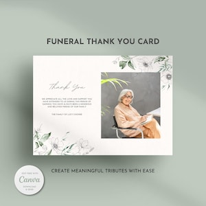 Modèle numérique de carte de remerciement pour les funérailles, carte de gratitude de sympathie commémorative élégante modifiable pour homme ou femme