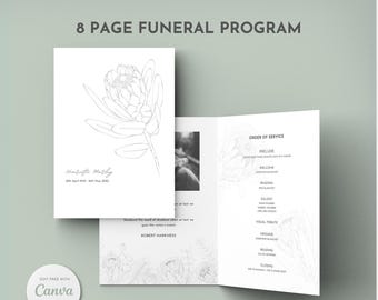 Szablon broszury pogrzebowej do edycji Canva, składany program nekrologu, kwiatowy porządek nabożeństwa w kochającej pamięci, do pobrania w wersji do druku