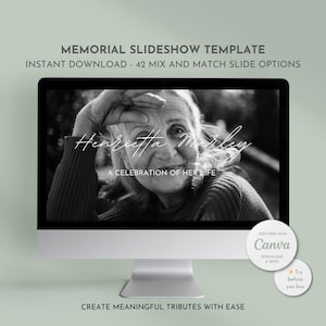May include: A computer monitor displays a memorial slideshow template. The screen shows a black and white photo of a woman with the text "Henrietta Marley, A Celebration of Her Life." Additional text includes "Memorial Slideshow Template" and "Instant Download - 42 Mix and Match Slide Options."