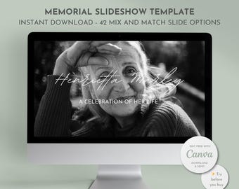 May include: A computer monitor displays a memorial slideshow template. The screen shows a black and white photo of a woman with the text "Henrietta Marley, A Celebration of Her Life." Additional text includes "Memorial Slideshow Template" and "Instant Download - 42 Mix and Match Slide Options."