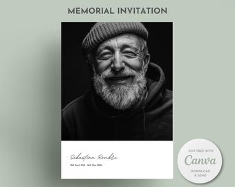 Digitale begrafenisuitnodiging met foto, viering van het leven, bewerkbare telefoon Memorial Evite, uitnodiging elektronisch sms-bericht