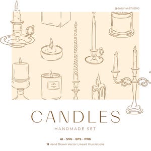 Peut inclure: Un ensemble de 11 illustrations de bougies dessinées à la main en noir et blanc, dans différents styles, y compris des bougies piliers, des bougies chauffe-plat et des bougies chauffe-plat. Les illustrations sont en brun sur un fond beige et présentent une variété de bougeoirs, dont un chandelier, un support simple et un bocal en verre.