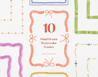 May include: Ten hand-drawn watercolor frames in various styles and colors, including pink, green, and orange. The frames are decorated with floral and ribbon designs. The number "10" is displayed in orange, with the text "Hand Drawn Watercolor Frames" below.