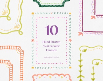 May include: A collection of ten hand-drawn watercolor frames in various styles and colors, including green, orange, pink, and purple. The number "10" is prominently displayed in the center, with the text "Hand Drawn Watercolor Frames" below it.