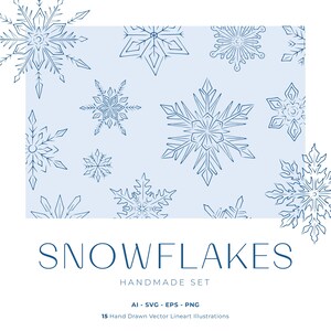 Könnte beinhalten: Ein Set mit 15 handgezeichneten Vektor-Linienkunst-Illustrationen von Schneeflocken in Blau auf hellblauem Hintergrund. Der Text "SNOWFLAKES HANDMADE SET AI - SVG - EPS - PNG 15 Hand Drawn Vector Lineart Illustrations" befindet sich am unteren Rand des Bildes.