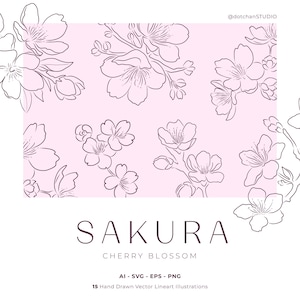 Flores de cerezo en flor de Sakura dibujadas a mano, ilustraciones lineales minimalistas, arte vectorial