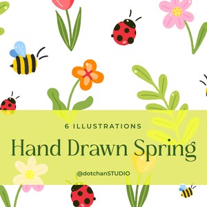 May include: A digital illustration featuring a repeating pattern of spring-themed elements. The design includes cartoon bees, ladybugs, flowers, and leaves on a white background. The text "6 ILLUSTRATIONS" and "Hand Drawn Spring" are displayed on a yellow banner.