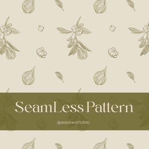May include: A seamless pattern design featuring hand-drawn illustrations of botanical elements, including flowers, leaves, and bulb-shaped objects, in a neutral color palette. The text "Seamless Pattern" is displayed on a green banner, with the artist's name below.