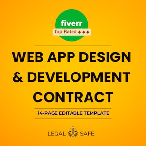 Può includere: Uno sfondo giallo con un cerchio verde che contiene il testo "fiverr" e le parole "Top Rated". Sotto il cerchio c'è il testo "WEB APP DESIGN & DEVELOPMENT CONTRACT" in nero. Sotto il testo c'è un rettangolo bianco con il testo "14-PAGE EDITABLE TEMPLATE" in nero. Sotto il rettangolo c'è un'immagine in bianco e nero di una bilancia e una corona di alloro con il testo "LEGAL SAFE" in nero.