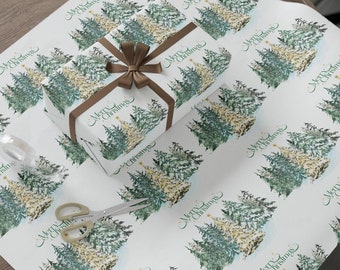 Evergreen Christmas Tree Wrapping Paper, Shimmering Gold Stars
