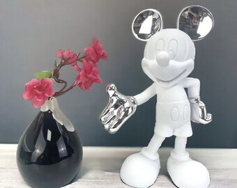 Wit en zilver Mickey Mouse harssculptuur, schattig Mickey Mouse kinderornament, Disney standbeeld, kinderkamer decor, metallic bureau decor