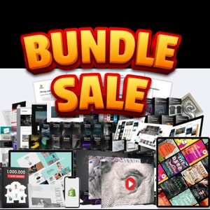 Puede incluir: Un collage de productos digitales a la venta, que incluye plantillas de diseño gráfico, diseños de camisetas y recursos de marketing en redes sociales. La imagen presenta una gran pancarta roja y amarilla con el texto "BUNDLE SALE".