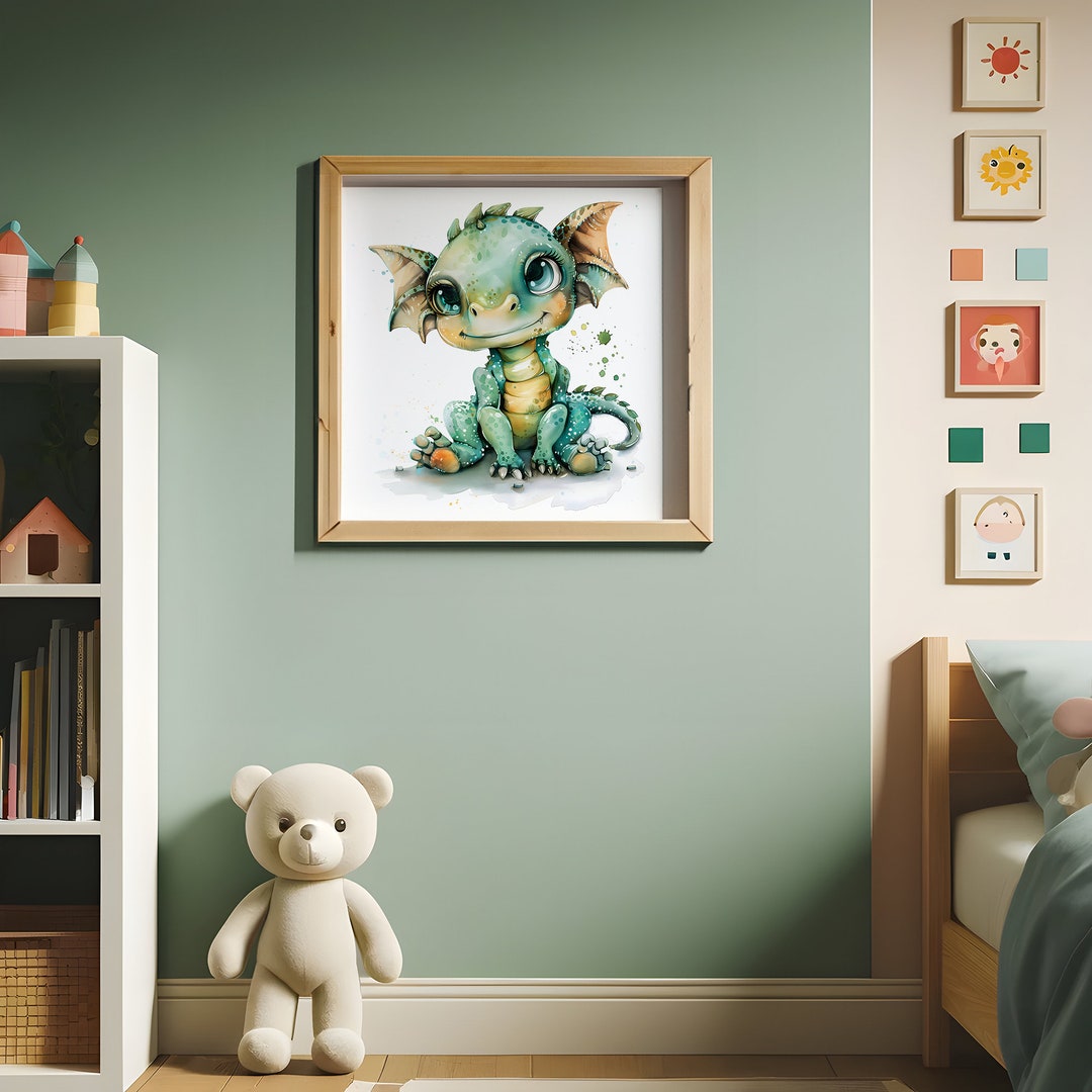 Adorable Baby Dragon Watercolor Print, Cute Fantasy Nursery Wall Art ...