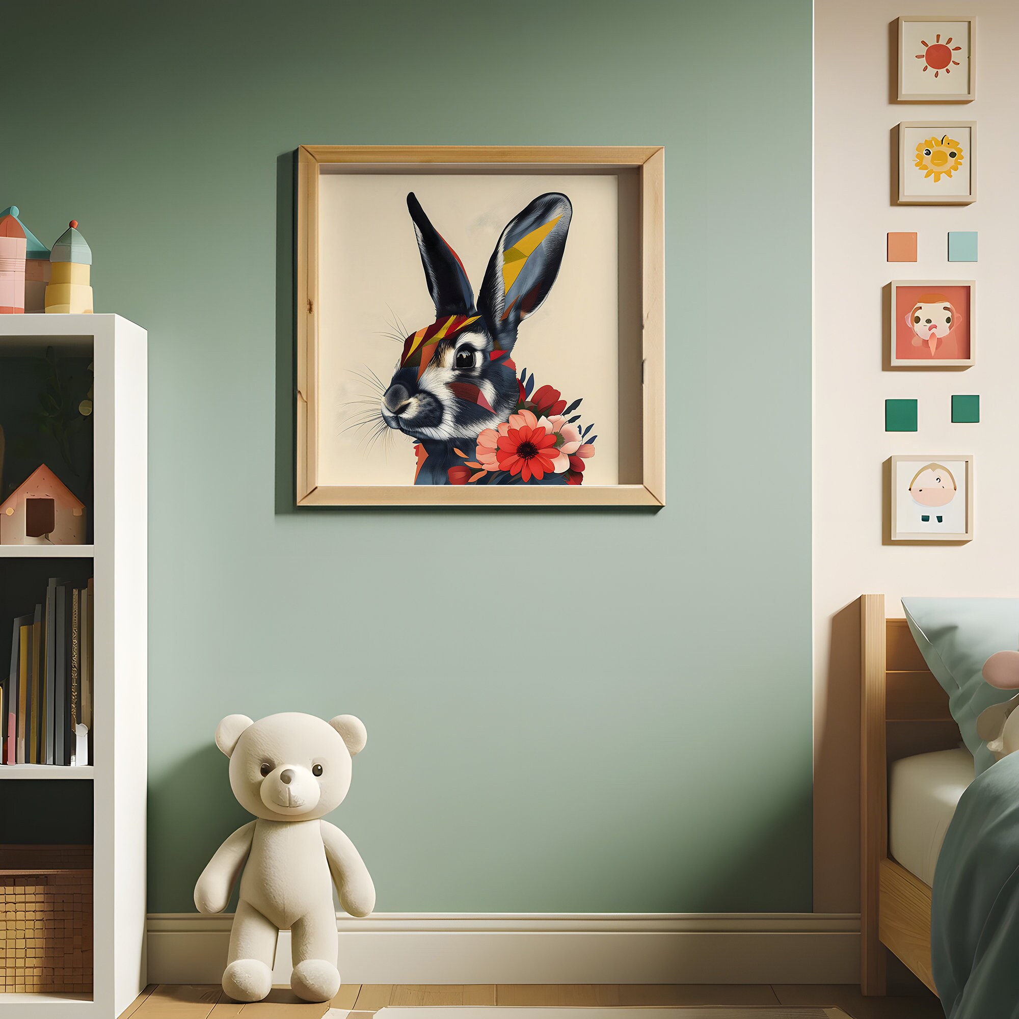 Colourful Rabbit Art Print, Geometric Bunny Illustration, Floral Animal ...