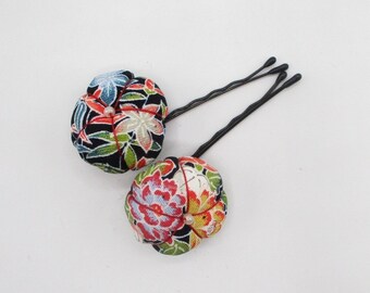 Kimono Bobby Pins, Set of 2, Silk Upcycled Japanese Kawaii Bobby Pins Black X Flowers