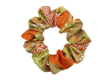 Kimono Scrunchie, Upcycled Japanese Silk Fabric Hair Tie Orange Yellow