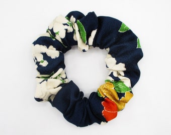 Silk Kimono Scrunchies, Vintage Fabric Upcycled Ship from USA Blue with Floral