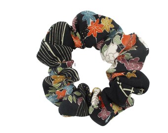 Black Floral Silk Kimono Scrunchie, Japanese Eco Friendly Upcycled Hair Shushu