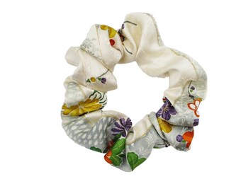 Colorful Floral Silk Kimono Scrunchy, Japanese Fabric Upcycled Eco Friendly