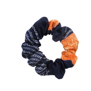 Navy Blue Shibori Vintage Silk Kimono Scrunchies, Ship from USA Orange Accent