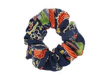 Kimono Scrunchies, Ship from USA, Vintage Upcycled Japanese Fabric Navy Blue