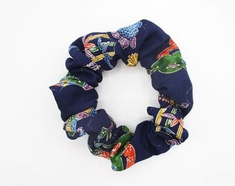 Blue Simple Silk Kimono Scrunchies, Ship from USA, Japanese Gift Idea