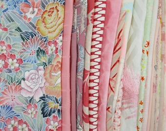 Pink Vintage Japanese Kimono Fabric Remnants: Silk Scrap Grab Bag (23 Pieces)